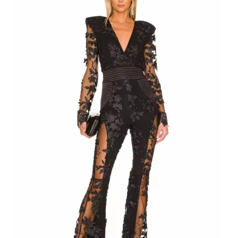 New Sexy Long Sleeve Floral Diamonds EmbroideryJumpsuit Women Black V Neck Mesh - Picture 8 of 9
